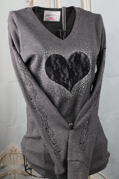 Thermal Lace Heart on V-Neck Charcoal