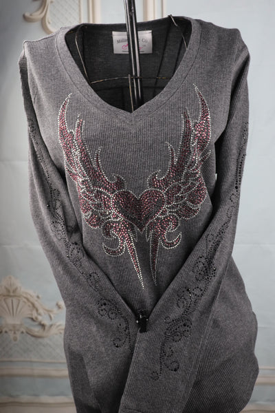 Purple Heart Wings V-Neck Long Sleeve