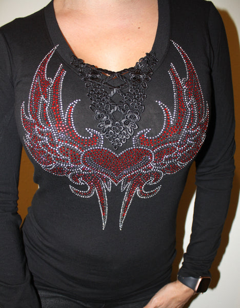 121  Red Heart Wings Lace V-Neck Long Sleeve